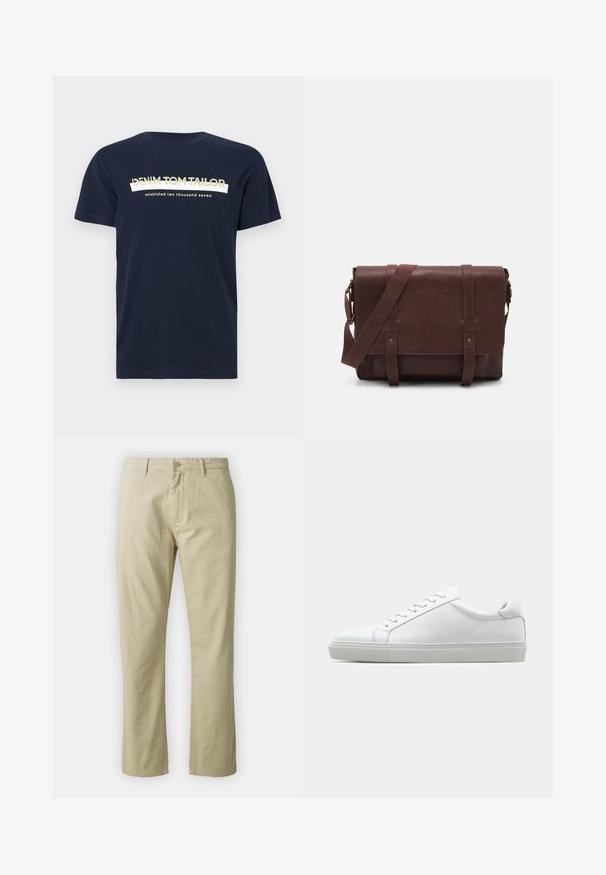 Námořnická modrá bavlněná tričko s krátkým rukávem a kulatým výstřihem. Obsahuje bílý a zlatý text: "DENIM TOM TAILOR" a "založeno dva tisíce sedm".; Béžové bavlněné kalhoty s rovnými nohavicemi, předním zapínáním na knoflík a poutky na opasek. Hladká textura, žádné viditelné vzory či akcenty.; Bílé tenisky s hladkým koženým svrškem a nízkým profilem. Mají zaoblenou špičku, šest nýtů a texturovanou gumovou podrážku.; Hnědá kožená taška přes rameno s plochým předním klopem, dvěma popruhy, zlatými kovovými detaily a nastavitelným ramenním popruhem.