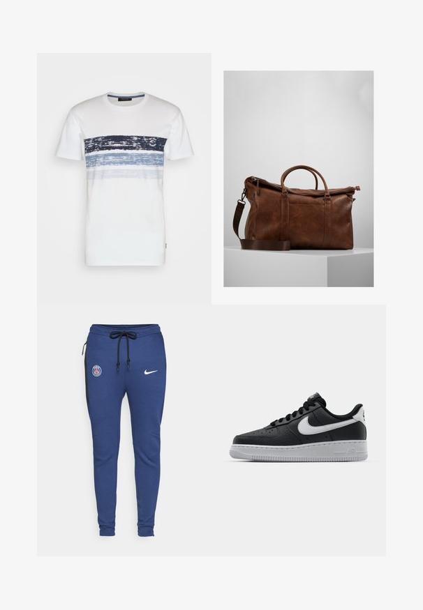 Hvit kortermet T-skjorte med horisontale blå og marineblå striper og et teksturert mønster over brystet. Rund hals, avslappet passform.; Blå treningsbukser med strikk i livet, sidelommer med glidelås, svarte detaljer og logoer: PSG-emblem og Nike-svush.; Svart lær sneakers med teksturert overflate, hvit Nike swoosh, grå såle, rund tå og snøredesign. Har perforeringer på tåboksen.; Brun lær duffelbag med glidelås, doble håndtak, justerbar skulderreim og synlige teksturmønstre på overflaten.
