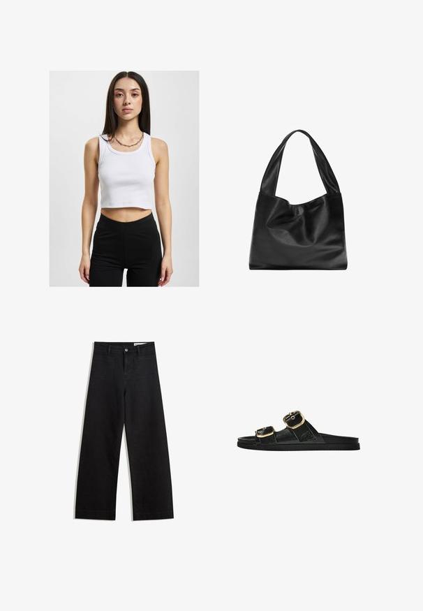 Débardeur blanc court avec une texture côtelée et un large décolleté, associé à un legging noir taille haute et un collier en chaîne argenté.; Pantalon en denim noir à jambes larges avec une taille haute, comprenant des poches avant et arrière, des coutures piquées et une fermeture à bouton. Texture lisse.; Sandale noire à glissière avec deux accents de boucle en or, en matériau lisse, semelle plate et design minimaliste.; Sac fourre-tout en cuir noir au design souple et décontracté, avec de larges poignées et une texture lisse. Pas de quincaillerie ni d'ornements visibles.