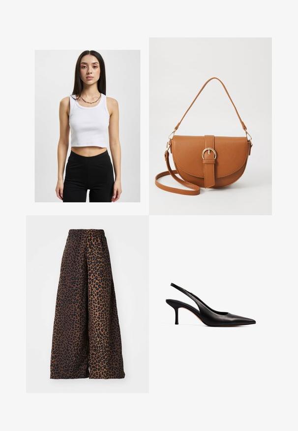 Valge lühike kampsun ribakujulise tekstuuriga ja laia dekolteejoonega, kombineeritud mustade kõrge vöökohtadega retuusidega ja hõbedase ahelakaelakee ilə.; Laiad püksid siledast kangast, millel on pruun taust musta leopardimustriga ja elastne vöökoht.; NA-KD Klassikalised kontsakingad - black; Pruun nahast õlakott, millel on kumer kuju, kullavärvi riistvara ja pandlaga kaunistus. Omab eemaldatavat õlarihma.