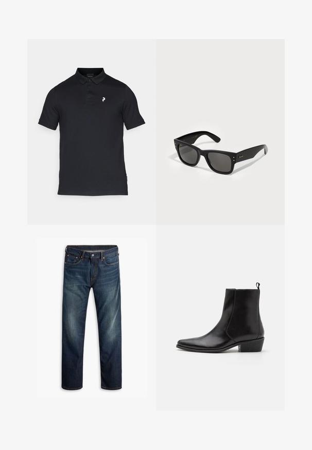 Polo preto feito de algodão, com colarinho, três botões e um pequeno logótipo branco no lado esquerdo do peito. Mangas curtas, ajuste clássico.; Jeans de ganga azul escuro com leve desbotamento nas coxas, design de cinco bolsos, fecho de botão e costura laranja visível sobre um fundo branco.; Zign LEATHER - Bota de tornozelo estilo cowboy/motociclista - black; Óculos de sol pretos com uma armação quadrada, apresentando lentes escuras. Enfeitados com pequenos pontos dourados e um logótipo dourado na haste. Textura suave.