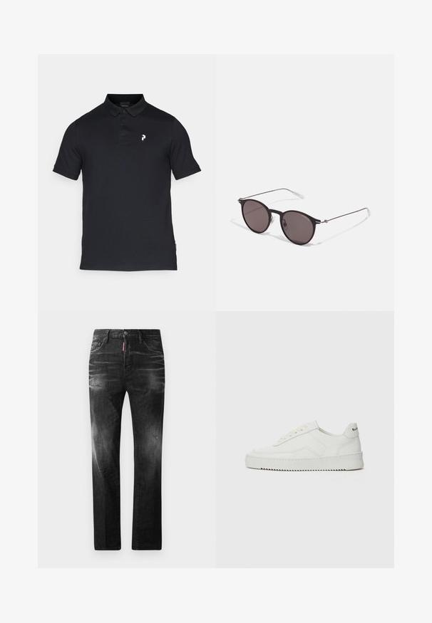 Schwarzes Poloshirt aus Baumwolle mit einem Kragen, drei Knöpfen und einem kleinen weißen Logo auf der linken Brust. Kurze Ärmel, klassischer Schnitt.; Schwarze Jeans aus Denim mit geradem Schnitt. Verfügt über ausgebleichte Bereiche, leichte Abnutzung, klassisches Fünf-Taschen-Design und einen Knopfverschluss.; Weiße Ledersneaker mit glatter Oberfläche, runder Zehenpartie, flachen Schnürsenkeln und strukturiertem Sohlenprofil. Mit einem dezenten Logo an der Ferse.; Schwarze runde Sonnenbrille mit dunklen Gläsern und schlanken Metallbügeln. Enthält klare Tempelspitzen und silberne Akzente am Scharnier. Minimalistisches Design.