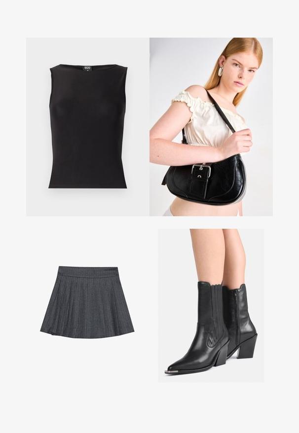 Črna brezrokavna majica iz raztegljive tkanine, ki ima okroglo ovratnico, prilegajoč silhueto in gladko teksturo. Oznaka vidna znotraj.; Siva krpasta krila z gumbnim pasom, razširjenim A-linijskim oblikom in mehkim tekstilom. Vertikalne črte povečujejo vizualno zanimanje.; Črne usnjene škornje do meč z usnjenim konicami, zložene pete, stranskim zadrgo in dekorativnim šivom, nosijo na golih nogah.; Črna usnjena torba za ramo s ukrivljeno obliko, sijoč srebrni okov, in snemljiva oznaka. Gladka tekstura z diskretno šivnimi detajli.; Srebrni uhani v obliki obroča z gladko, polirano površino. Okrogla oblika s nekoliko ukrivljenim dizajnom in spojem robov. Zaponka za zaklepanje.