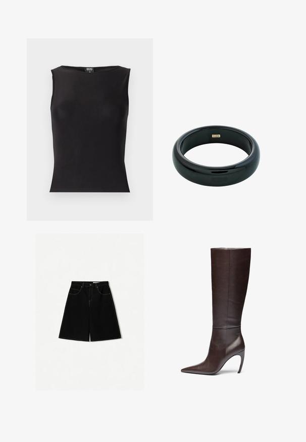 Black sleeveless top made from stretchy fabric, featuring a round neckline, fitted silhouette, and smooth texture. Tag visible inside.; Black denim shorts with a loose fit, featuring five pockets, yellow stitching accents, and a mid-rise waist design.; Brown leather knee-high boot with a pointed toe and stiletto heel, featuring a smooth texture and minimalistic design.; Black resin bangle bracelet with a smooth, shiny surface and rounded edges. Features a small gold "Pilgrim" logo on the interior.