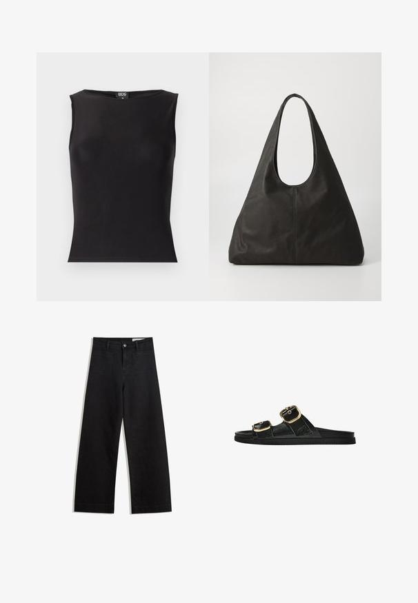 Top senza maniche di colore nero realizzato in tessuto elastico, con scollatura tonda, silhouette aderente e texture liscia. Etichetta visibile all'interno.; Pantaloni in denim neri a gamba larga con vita alta, dotati di tasche anteriori e posteriori, cuciture a punto, e chiusura con bottone. Texture liscia.; Infradito neri con due accenti di fibbia dorata, materiale dalla texture liscia, suola piatta e design minimalista.; Borsa a tracolla in pelle nera con manico curvo, forma triangolare allungata e superficie liscia. Presenta un design minimalista senza hardware visibile.