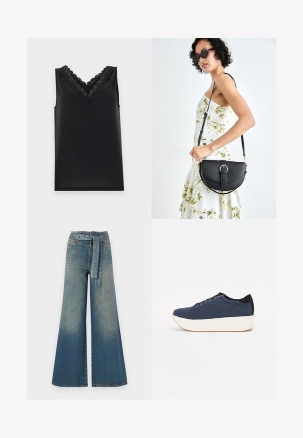 Melnā bez piedurknēm top ar V veida dekoltē. Iezīmē detaļas ar sarežģītu mežģīņu rakstu un gludu, maigu tekstūru. Vienkāršs dizains, bez rakstiem vai akcentiem.; Platām kājām džinsu bikses ar gaismas līdz tumši zilam gradientam, augstu jostas līniju, jostas cilpām un atbilstošu auduma jostu. Tekstūrēts džinsas apdare.; Navy zilo apavi ar strukturētu auduma augšdaļu, baltu platformas zoli, noapaļotu pirkstu daļu un melnu papēža akcentu. Iekļautas sešas acs caurumi šnuķēšanai.; Melnas ādas rokassoma ar izliekta formu, noņemamu siksnu un zelta aksesuāriem. Somai ir vāciņš ar sprādzes detaļu.