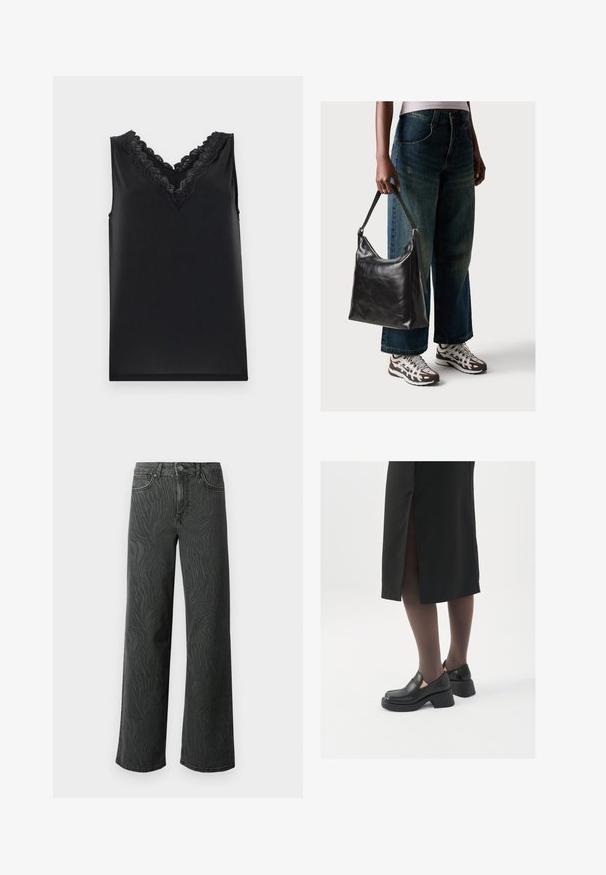 Top negro sin mangas con escote en V. Presenta un intrincado detalle de encaje y una textura suave y lisa. Diseño sencillo, sin patrones ni acentos.; Jeans de pierna ancha en denim gris oscuro, con una sutil textura de patrón de cebra, costuras en contraste y un diseño de cinco bolsillos con cierre de botón.; Zapatos de piel negra con punta redondeada, tacón grueso y bloque, y acentos elásticos en los laterales, combinados con unos pantys oscuros y una falda negra con una abertura.; Bolso de hombro de cuero negro con una textura suave y correa ajustable, combinado con jeans de pierna ancha desgatados y zapatillas deportivas.