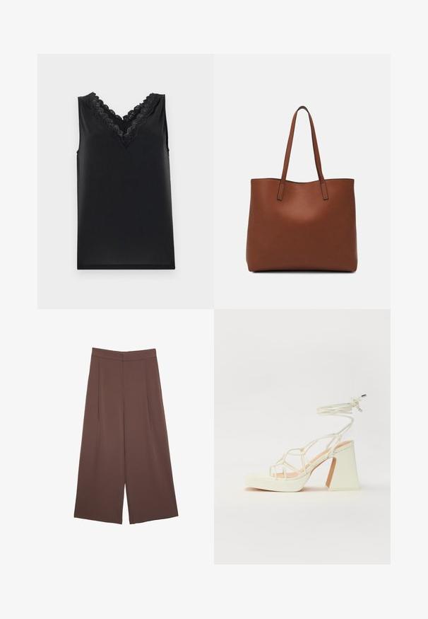 Schwarzes ärmelloses Oberteil mit V-Ausschnitt. Merkmale sind feine Spitzendetails und eine glatte, weiche Textur. Einfaches Design, ohne Muster oder Akzente.; Braune Weite-Leg-Hosen mit einer glatten Textur, hoher Taille und Vorderfalten. Der Stoff ist leicht und fällt locker.; Weiße High-Heel-Sandale mit einem klobigen Absatz, die über ein Riemchendesign und ein Knöchelband verfügt. Glatte Textur mit einer Plattform vorne für zusätzliche Höhe.; Braune Leder-Tote mit glatter Textur, offenem Oberteil und zwei Schulterriemen. Verfügt über minimale Nähte und keine sichtbaren Beschläge.