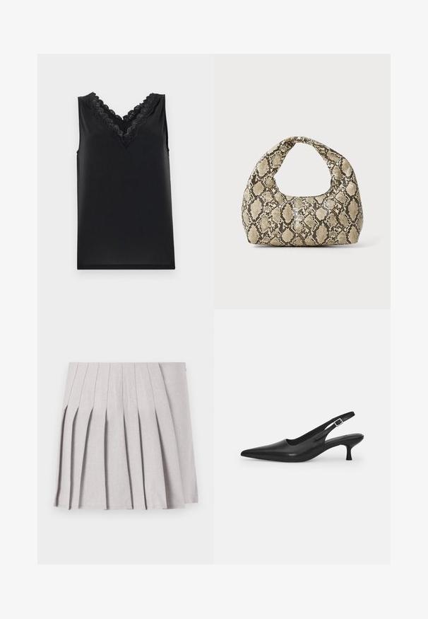 Top negru fără mâneci, cu decolteu în V. Prezintă detalii complexe din dantelă și o textură netedă, moale. Design simplu, fără modele sau accente.; Fustă plisată gri, cu o textură netedă, având multiple plii verticale și o talie ajustată. Fabricată din material ușor.; Sandal din piele neagră, cu vârf ascuțit și toc subțire, curbat. Are o curea ajustabilă discretă, cu o cataramă din metal.; Geantă cu imprimeu de șarpe, având un mâner curbat. Fabricată din materiale texturate, bej și maronii, cu un model distinctiv în formă de diamant.