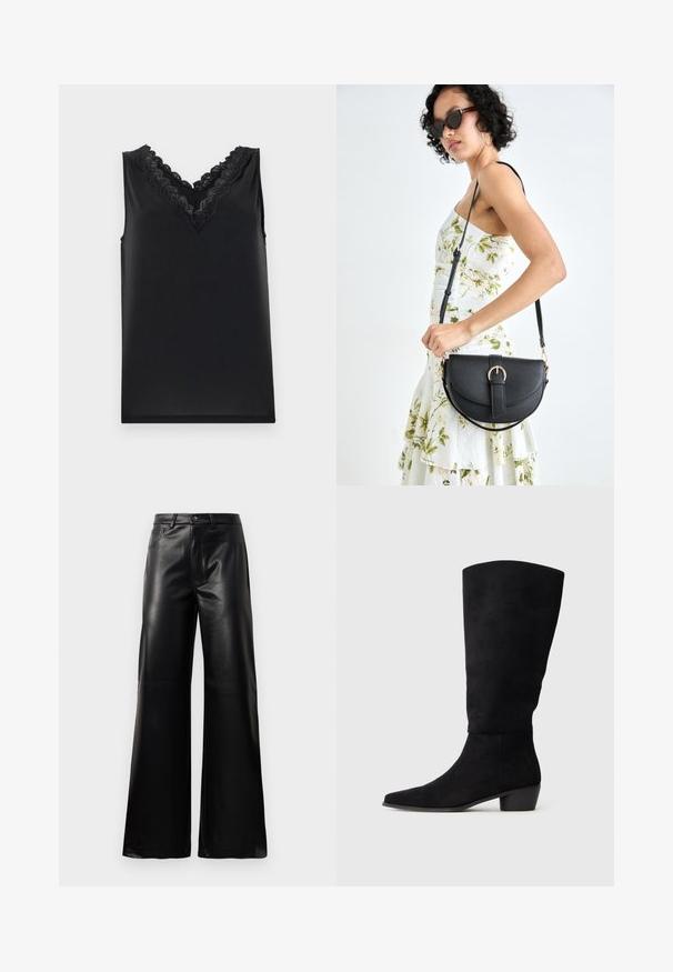 Crna haljina bez rukava s V-izrezom. Sadrži složene čipkaste detalje i glatku, mekanu teksturu. Jednostavan dizajn, bez uzoraka ili akcenata.; Crne visoke široke hlače od umjetne kože s prednjim gumbom, zatvaranjem na zip, petljama za pojas i bočnim džepovima na bijeloj pozadini.; Crne antilop čizme do koljena s niskim blok petama i šiljastim vrhom, prikazane sa bočne strane na jednostavnoj svijetlo sivoj pozadini.; Crna kožna torba s lukovitim oblikom, odvojivim remenom i zlatnim detaljima. Torba ima preklop s kopčom.