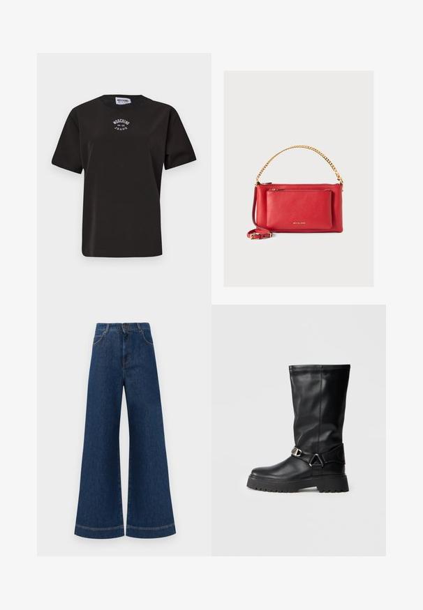 T-shirt preta de algodão com mangas curtas, apresentando um decote redondo e um logótipo bordado em branco "Moschino Jeans" no peito.; Jeans azul de perna larga com cintura alta, apresentando um fecho de botão, passantes para cinto e detalhes de costura discretos ao longo dos bolsos e das bainhas.; Botas pretas até ao joelho, feitas de couro liso, com um detalhe de fivela de lado e uma sola espessa e texturizada para melhor aderência.; Bolsa de mão em couro vermelho com acabamento texturizado, corrente e alça em dourado, bolso frontal com zíper e logótipo em relevo. Design compacto e estruturado.