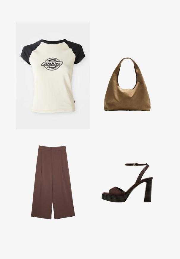 Krémové tričko s čiernymi raglanovými rukávmi s kruhovým logom so slovom "Dickies" v strede, na bielom pozadí.; Hnedé nohavice so širokými nohavicami a hladkou textúrou, s vysokým pásom a prednými skladmi. Tkanina je ľahká a voľne sa pohybuje.; Hnedé semišové sandále na vysokom podpätku s otvorenou špičkou, nastaviteľným členkovým remienkom a pruhovanou platformovou podrážkou.; Hnedá látková taška cez rameno s širokým, zaobleným telom a veľkým vyrezaným uchom. Mäkčená textúra, minimalistický dizajn a bez viditeľného kovania.