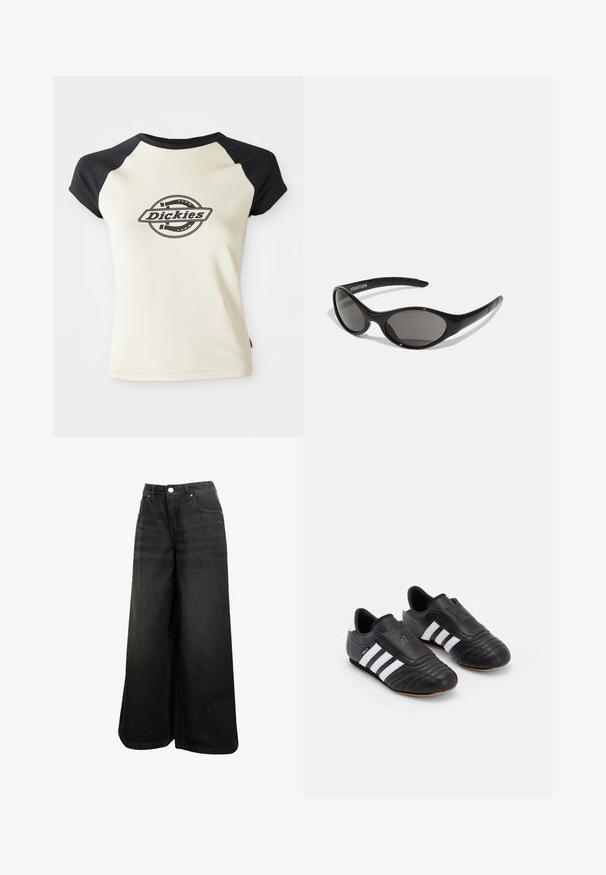 Kermakuvio t-paita mustilla raglan-hihoilla, joka esittää ympyrälogoa, jossa on teksti "Dickies" keskiössä, valkoista taustaa vasten.; Mustat leveälahkeiset farkut, joissa on korkea vyötärö, edessä nappi, taskut ja hillitty logo etutaskussa.; Mustat jalkapallokengät, joissa on tekstuurilla varustettu nahkapäällinen, pehmustettu etuosa, kolme valkoista raitaa sivuilla ja kuminen ulkopohja.; Musta aurinkolasit, joissa on soikea muoto ja tummat linssit. Tyylikäs muovikehys, jossa on teksturoituja yksityiskohtia varsissa. Brändäys sivussa.