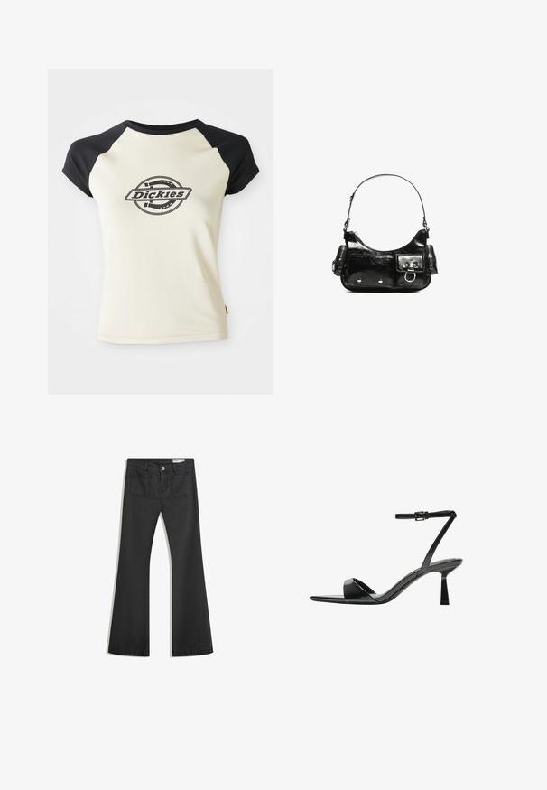 Krémové tričko s čiernymi raglanovými rukávmi s kruhovým logom so slovom "Dickies" v strede, na bielom pozadí.; Čierne rozšírené džínsy vyrobené z denimu s hladkou textúrou, obsahujúce dve zadné vrecká a zapínanie na gombík v páse.; Bershka Sandále na vysokom opätku - black; Čierna laková kožená kabelka s ohnutým tvarom, jedným ramenným popruhom, prednými vreckami a striebornými kovovými doplnkami.
