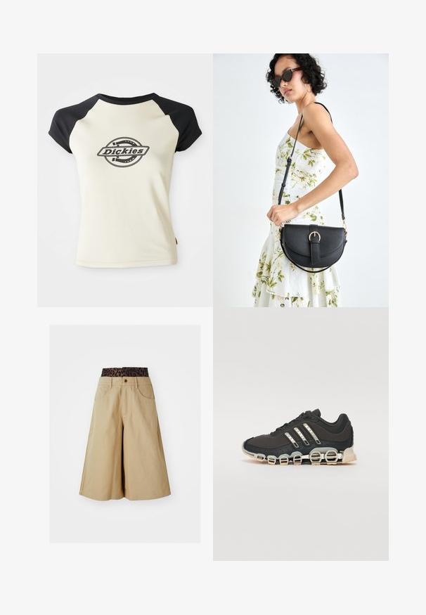 Kreemirüüpane t-särk mustade raglanvarrukatega, mille keskel on ringikujuline logo tekstiga "Dickies", valge tausta peal.; Khaki lühikesed püksid laia jala designiga ja leopardimustriga vöökoht. Omab eespoolt taskuid ja nööbid. Sujuv, tekstureeritud kangas.; Must have sportlik kingad musta värvi, millel on tekstuuriga pealisosa, kolm hõbedast triipu ja eristuv pehmendusnähtus, millel on mitmed integreeritud osad.; Mustmust mustraha kõverate joontega, eemaldatava rihmaga ja kuldsete detailidega. Kotil on klapp, millel on pandladetail.