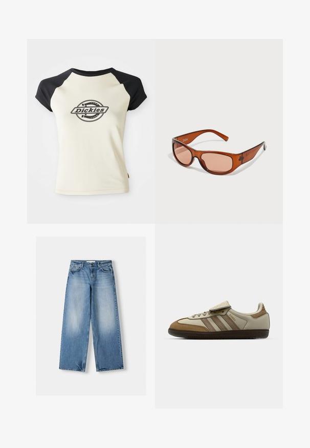 Kremna majica s crnim raglan rukavima koja sadrži kružni logotip s natpisom "Dickies" u središtu, postavljenom na bijelu pozadinu.; Svetlo modri kavbojki z ohlapnim krojem, širokimi hlačnicami in zbledelimi deli. Narejeni so iz denima s klasičnim petim žepnim dizajnom in zapiranjem na vrhnji gumb.; Brah in krem športni čevelj s tremi bež črtami, iz semiša in usnja, zasnova z vezalkami in gumijastim podplatom. Logotip z besedilom na strani.; Sončna očala rjave barve, v pravokotnem oblikovanju, izdelana iz prozorne plastike. Imajo ukrivljene ročice in naziv blagovne znamke "ZIGN" na strani.; Črna usnjena torba s pletenimi ročaji, žepom na zadrgo in visečimi resicami. Teksturična površina z kovinskimi okrasnimi studenčki in dodatki iz kovine.