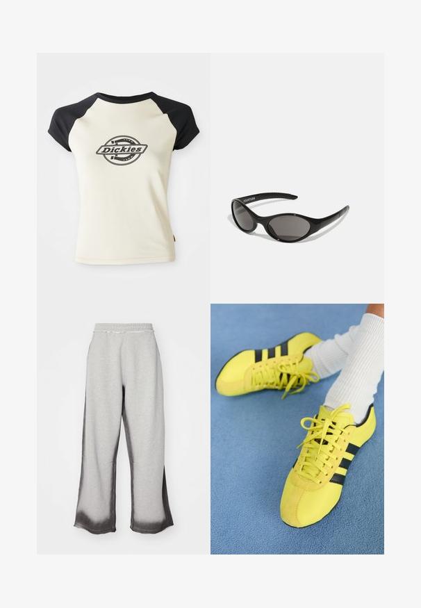 T-shirt crema con maniche raglan nere che presenta un logo circolare con il testo "Dickies" al centro, su uno sfondo bianco.; Pantaloni grigi in felpa con una finitura testurizzata, caratterizzati da una sfumatura grigio scuro graduale all'orlo, cintura elastica e taglio ampio.; Scarpe da ginnastica giallo brillante con strisce nere e lacci; presentano una parte superiore testurizzata e dettagli in camoscio. Indossate con calze bianche a coste.; Occhiali da sole neri con forma ovale e lenti scure. Montatura in plastica elegante con dettagli testurizzati sulle aste. Marchio sul lato.