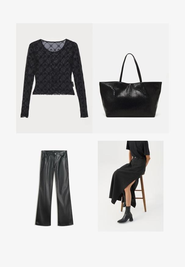 Černý dlouhý rukáv top vyrobený z průhledné, texturované tkaniny s vyvýšeným květinovým vzorem a kulatým výstřihem se zkoseným lemem.; Černé kalhoty z umělé kůže s rozšířenými nohavicemi a hladkou texturou, pět kapsami, předním zipem a kontrastním prošíváním.; Černá maxi sukně z lnu s vysokým rozparkem, nošená s černým tričkem a černými kotníkovými botami. Minimalistický design s volným střihem.; Černá tkaná taška přes rameno s dvěma pevným uchy, má lesklou texturu a prostorný otevřený vrch.
