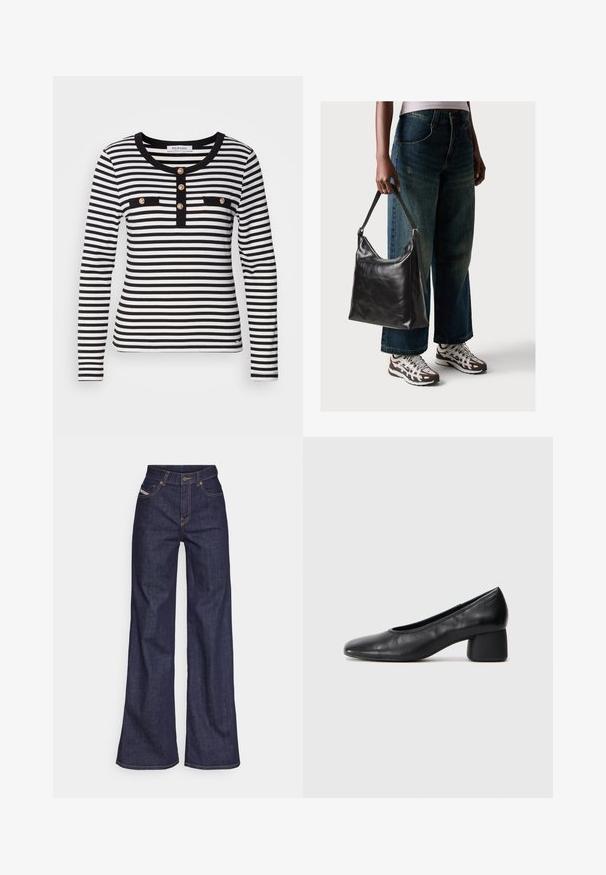Čierno-biely prúžkovaný dlhý rukáv s okrúhlym výstrihom, so zapínaním na gombíky a dvoma čiernymi vreckami na hrudi.; Tmavomodré široké džínsy z denimu s vysokým pásom, zdobené oranžovým šitím, päť vreckovým dizajnom a zapínaním na gombík.; Čierne kožené lodičky s okrúhlou špičkou a stredne blokovým podpätkom. Hladká textúra s minimálnymi detailami, so subtílnym elastickým otvorom.; Čierna kožená taška cez rameno s hladkou textúrou a nastaviteľným popruhom, skombinovaná s vyblednutými širokými džínsy a športovými teniskami.