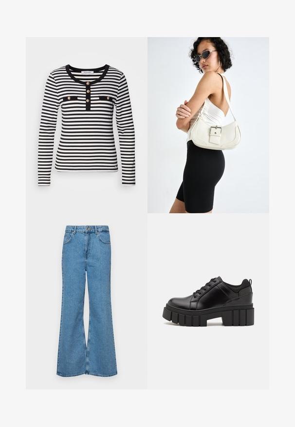 Long-sleeve striped top in black and white with a round neckline, featuring a buttoned placket and two black chest pockets.; Light blue flared jeans made of denim, featuring a high waist, five pockets, and a single button closure. Soft texture with faded finish.; Black leather platform shoes with a chunky block heel, round toe, and traditional lace-up design. Features smooth texture and minimal detailing.; White leather handbag with a curved shape, adjustable strap, and a small buckle detail. Model wears a fitted black outfit.