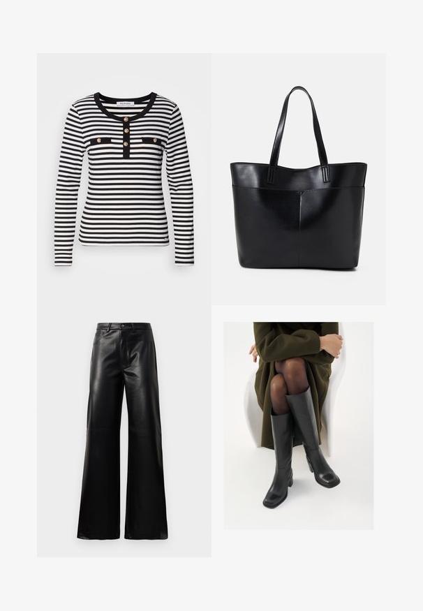 Z dolgimi rokavi črtasta majica v črni in beli barvi s krožnim izrezom, ki ima gumbasto zanko in dve črni žepki na prsih.; Črne široke hlače iz umetnega usnja z visokim pasom, sprednjim gumbom, zadrgo, zanke za pas in stranskimi žepi na beli podlagi.; Črne usnjene čevlje do kolen s kvadratnim prstom in blok peto, prikazani na modelu, ki sedi v olivno zeleni plašču. Gladka tekstura, minimalne podrobnosti.; Črna usnjena torba z dvema dolgima ročajema, gladko teksturo in strukturirano obliko. Ima sprednji žep za dodatno shranjevanje.