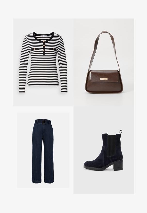 Pitkähihaisen raidallisen topin musta ja valkoinen väri, jossa on pyöreä kaula-aukko, napitettu etusulku ja kaksi mustaa rintataskua.; Tummansinisiä korkeavyötäröisiä leveälahkeisia farkkuja, joissa on vyölenkki, eriväristä tikkausta ja käännetyt lahkeet.; Tummansininen mokkanahkasaapas nilkkapituisena, jossa on joustava sivupaneeli, pyöreä kärki ja lohkaremmäinen korko. Teksturoidun kankaan ja sileän pohjan kontrasti tuo lisää ilmettä.; Ruskea nahkainen olkalaukku, jossa on rakenteellinen muotoilu, ja jossa on magneettinen läppäkiinnitys sekä metallinen logo korostus edessä.