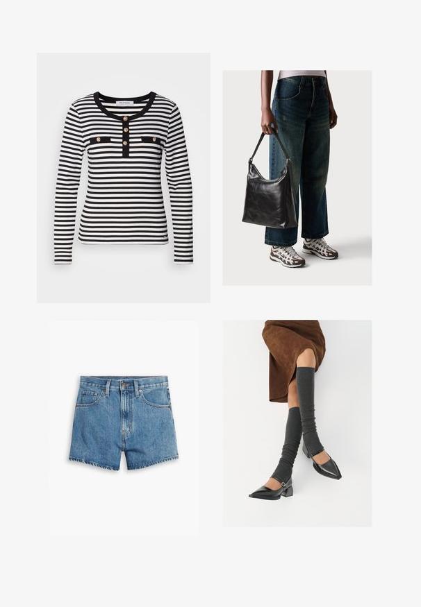 Černobílý pruhovaný dlouhý rukáv s kulatým výstřihem, který má zapínání na knoflíky a dvě černé náprsní kapsy.; Džínové šortky v světle modré barvě, s pěti kapsami, zipovým zapínáním a knoflíkovým uzávěrem. Lem je roztrhaný s uvolněným střihem.; Černé lakované boty s špičatou špičkou, blokovým podpatkem a kotníkovým páskem, spárované s šedými žebrovanými návleky na nohy a hnědskou sukní z semiše.; Černá kožená kabelka přes rameno se hladkým povrchem a nastavitelným popruhem, spárovaná s vybledlými džínami širokého střihu a sportovními teniskami.