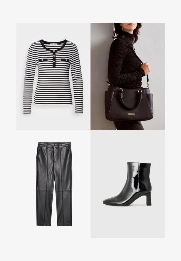 Langærmet stribet blouse i sort og hvid med rund halsudskæring, der har en knaplukning og to sorte brystlommer.; Sorte læderbukser med en glat overflade, der har lige pasform, to forlommer og synlige sømdetaljer.; Sort lakeret ankelstøvle med spids tå og en midt-højde blokhæl. Glat tekstur og minimalistisk design.; Sort håndtaske med struktureret overflade, dobbelt topbærere og justerbar skulderrem. Udstyret med guldfarvet metalhardware og sidelommer.