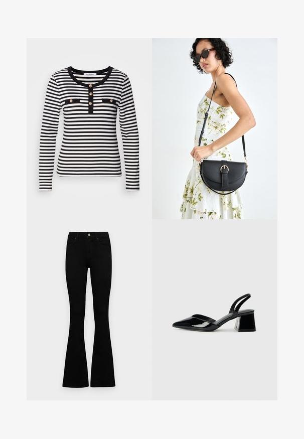 Long-sleeve striped top in black and white with a round neckline, featuring a buttoned placket and two black chest pockets.; Black high-waist jeans with a button and zip closure, front pockets, and flared legs laid flat on a white background.; Black patent leather slingback heels with a pointed toe and a geometric block heel. Features a sleek, minimal design and smooth texture.; Black leather handbag with a curved shape, detachable strap, and gold hardware. The bag features a flap with a buckle detail.
