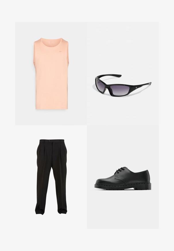 Világos barack színű, ujjatlan trikó, puha anyagból készült; kerek nyakú, és egy kis logó található a bal felső mellrészen.; Fekete nadrág sima anyagból, elöl pleátokkal, gombos derékpánttal és keskenyített bokarészekkel. Klasszikus szabásvonal.; Fekete bőr oxford cipő fűzős kialakítással, kerek orral, lapos gumitalppal és finom varrással a felső részen.; Fekete napszemüveg sima, éles vonalakkal. Sötétszürke, degradált lencsékkel és dombornyomott logóval a szárán. Műanyagból készült.