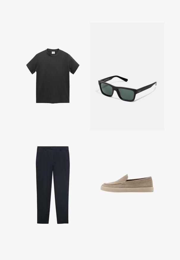 Tricou negru din bumbac cu mâneci scurte, guler rotund, margine dreaptă și o textură moale și netedă. Fără modele sau accente vizibile.; Chino negre marine realizate dintr-un material neted și ușor. Au o croială dreaptă, urechi pentru curea și buzunare frontale cu închidere prin buton.; Ghete slip-on din suede bej, cu vârf rotunjit, design de profil redus și finisaj texturat. Prezintă detalii de cusătură subtile pe partea superioară.; Ochelari de soare dreptunghiulari negri cu lentile verzi, având un finisaj mat, temple drepte și logo-ul Ray-Ban pe lateral.