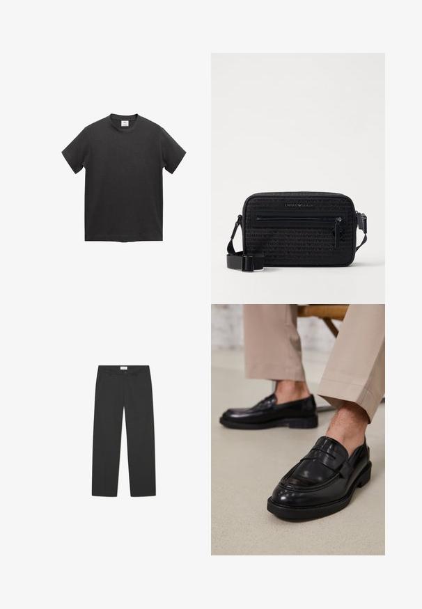 Črna bombažna majica s kratkimi rokavi, okrogel izrez, ravno rob in mehak, gladek tekstura. Brez vidnih vzorcev ali dodatkov.; Črne hlače iz lahkega materiala. Imajo ravno nogavico, ravno sprednjo stran, stranske žepe in diskretno pasovi.; Črne usnjene loafer čevlje z gladko površino, ki imajo okrasno zaponko in kontrastno šivanje, v kombinaciji s bež hlačami.; Črna torbica čez ramo iz teksturirane tkanine, ki ima sprednji žep z zadrgo, nastavljiv pas in embosirane logotipe.