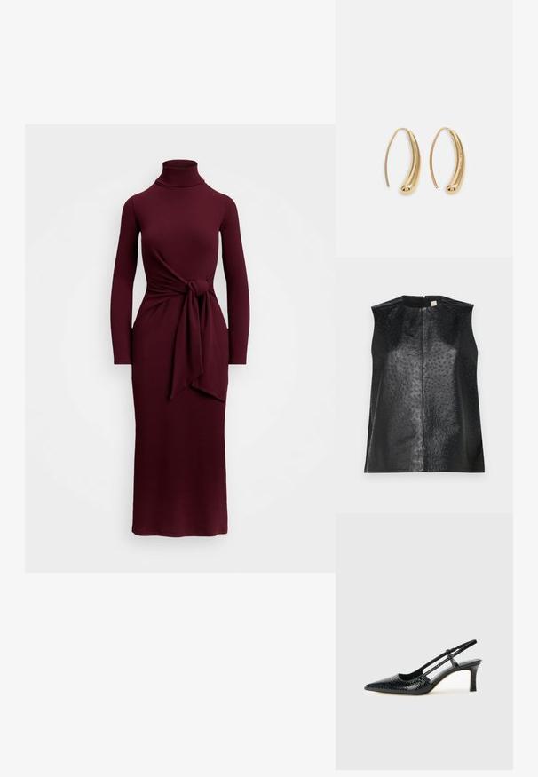 Mustat nahkaliivitön toppi, jossa on sileä pinta ja pisteellinen tekstuuri. Sisältää pyöreän kaula-aukon ja keskellä olevan vetoketjun selässä.; Burgundy pitkähihaisessa mekossa on kauluspanta, vyötärön solmukuvio ja tiukka siluetti. Silkkinen pinta, lattiaa hipova pituus.; Musta patent slingback-kiilakorko teräväkärkisellä muotoilulla, jossa on teksturoitu käärmeennahkakuosi, säädettävä remmi ja lyhyt, teksturoitu blokkiheel.; Musta nahkainen olkalaukku, jossa on kaksi etutaskua, kultaiset soljet, vetoketjukiinnitys ja kapea hihna. Teksturoidun pinnan ja kompaktin suorakaiteen muoto.; Korvakorut kultasävytteistä metallista, joissa on kaareva, pitkänomainen muoto. Ominaisuuksiin kuuluu sileä, kiiltävä pinta ja pyöreä kärki lisäyksinä.