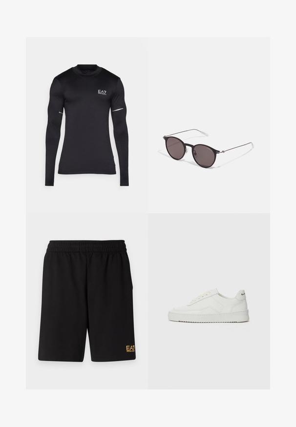 Maglietta sportiva a maniche lunghe nera, realizzata in tessuto sintetico elastico. Presenta il logo EA7, dettagli testurizzati sulle maniche e elementi riflettenti.; Pantaloni sportivi neri realizzati in tessuto morbido, con vita elastica e un piccolo logo EA7 giallo sulla parte bassa della gamba sinistra.; Sneaker in pelle bianca con una finitura liscia, punta rotonda, lacci piatti e suola testurizzata. Presenta un logo discreto sul tallone.; Occhiali da sole neri rotondi con lenti scure e sottili bracci in metallo. Include punte trasparenti e accenti argentati alla cerniera. Design minimalista.