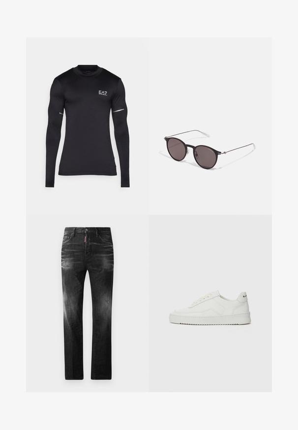 Juodas ilgomis rankovėmis sportinis marškinėlis, pagamintas iš tamprios sintetinės medžiagos. Puošia EA7 logotipas, tekstūruoti akcentai ant rankovių ir atspindinčios detalės.; Juodi džinsai su tiesiu kirpimu. Spalvoti svyrantys plotai, šiek tiek sugadinti, klasikinis penkių kišenių dizainas ir mygtuko uždarymas.; Balti odiniai sportiniai bateliai su lygia apdaila, apvaliu pirštu, plokščiais raišteliais ir tekstūruotu padu. Pasižymi subtiliu logotipu ant kulno.; Juodos apvalios saulės akinių su tamsiais lęšiais ir plonomis metalinėmis šakomis. Įtraukti skaidrūs šventyklų galai ir sidabriniai akcentai vyrio srityje. Minimalistinis dizainas.