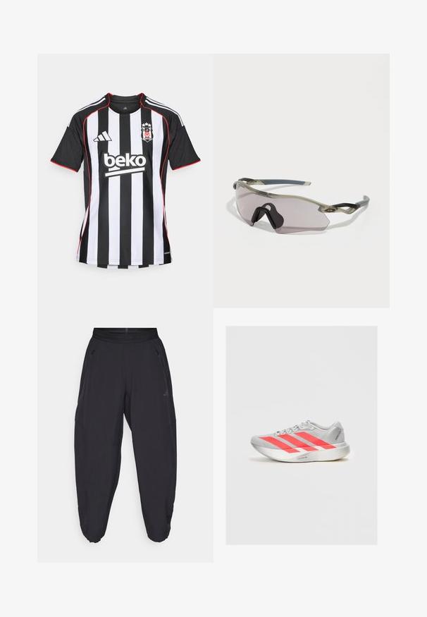adidas Performance BESIKTAS 25/26 AWAY JERSEY - Futbalový dres - black; Čierne športové nohavice s elastickým pásom, zapínateľnými bočnými vreckami, zužujúcimi sa nohavicami a jemným logom na pravej stehne.; Ľahká bežecká obuv v sivej farbe s červenými akcentmi a dizajnom troch pruhov. Má hladký zvršok, zaokrúhlenú špičku a štruktúrovanú podrážku.; Slnko okuliare s priesvitným šedým rámom, tónovanými šošovkami a ostrým dizajnom. Majú charakteristický nosník a štruktúrované tmavosivé bočné ramená.