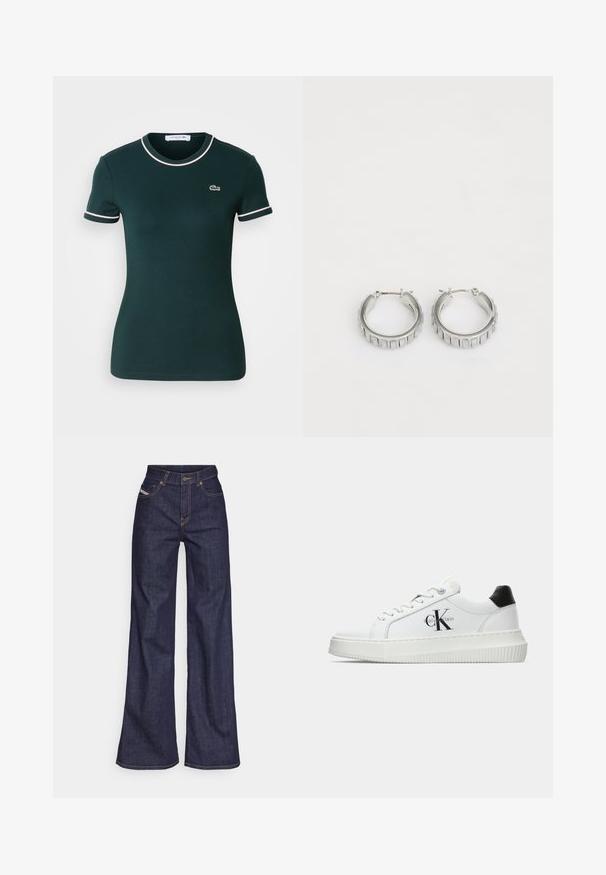 Tmavě zelené tričko s krátkým rukávem, těsně fit, s bílým lemem kolem límce a rukávů, s malým logem Lacoste na hrudi.; Tmavě modré džíny s širokým střihem vyrobené z denimové tkaniny, s vysokým pasem, oranžovým prošíváním, pěti kapsami a zapínáním na knoflík.; Bílé nízké tenisky s černým patním tabem, platformovou podrážkou, tkaničkami a logem Calvin Klein "CK" na boku.; Stříbrné kruhové náušnice s texturovaným designem a vertikálními drážkami. Kulatý tvar s pevným uzávěrem. Hladký povrch.