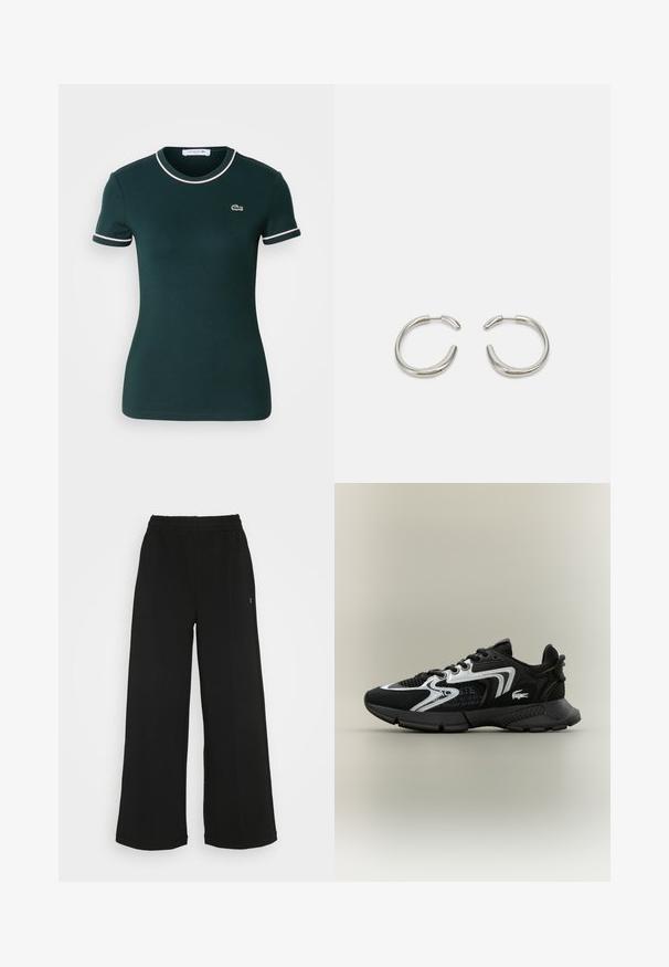 Temno zelena kratka majica, oprijetega kroja, z belimi obrobami na ovratniku in rokavih, z majhnim logotipom Lacoste na prsih.; Črne široke hlače s elastičnim pasom. Narejene so iz mehkega, lahko materiala. Imajo vertikalne šive spredaj.; Črne atletske čevlje z mrežnimi paneli, srebrnimi akcenti in teksturiranimi črnimi prekritji. Imajo vezalke in ukrivljen, trpežen podplat.; Srebrne okrogle uhane z gladkim, zaobljenim dizajnom in sijajno polirano končno obdelavo. Imajo minimalistično obliko z rahlo odprtino.