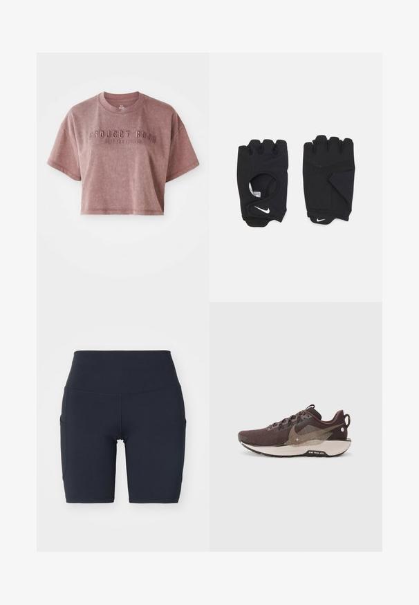 Korte mouwen, cropped t-shirt in een stofkleur van gedempt rozenrood, gemaakt van zachte stof. Voorzien van gegraveerde tekst "PROJECT ROCK" en "STOP VOOR NIETS" op de voorkant.; Hoge taille navy fietsshorts gemaakt van glad, rekbaar materiaal. Kenmerken zijn zijzakken en platte naden voor extra comfort en ondersteuning.; Donkerbruin hardloopschoen met een gestructureerde mesh bovenwerk, contrasterende lichtbruine accenten, segmentzool en reflecterende details.; Zwarte vingerloze handschoenen van rekbaar materiaal, met een open palmontwerp, gripaccenten en het Nike-logo in het wit.