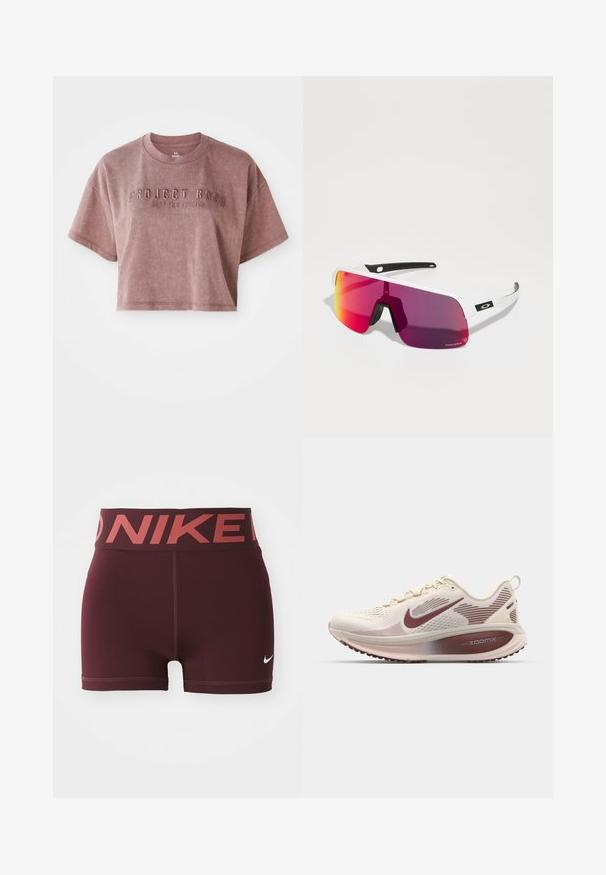 T-shirt court à manches courtes en couleur rose poussiéreux, fabriqué dans un tissu doux. Présente un texte en relief "PROJECT ROCK" et "STOP FOR NOTHING" sur le devant.; Shorts de sport bordeaux avec une large ceinture mettant en avant le logo "NIKE" en rouge contrasté. Fabriqués dans un matériau lisse et extensible.; Nike Performance VOMERO 18 - Chaussures de running sur route - pale ivory/dark team red/red sepia/silt red/phantom; Lunettes de sport avec une monture blanche, de grandes lentilles incurvées violettes dégradées et des accents noirs. Pièce en caoutchouc texturé au niveau du nez pour une meilleure prise.