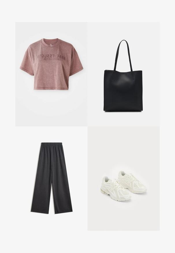 T-shirt accorciato a maniche corte in colore rosa polveroso, realizzato in tessuto morbido. Presenta testo in rilievo "PROJECT ROCK" e "STOP FOR NOTHING" sul davanti.; Pantaloni neri a gamba larga realizzati in tessuto morbido, con vita elastica e tasche laterali. Texture liscia senza motivi o decorazioni visibili.; Scarpe sportive bianche realizzate in materiali sintetici e in rete, con lacci, colletto imbottito e suola testurizzata per migliorare la grip. Costruzione leggera.; Borsa tote in pelle nera con texture liscia, forma rettangolare e due manici lunghi. Nessun hardware o decorazione visibile.