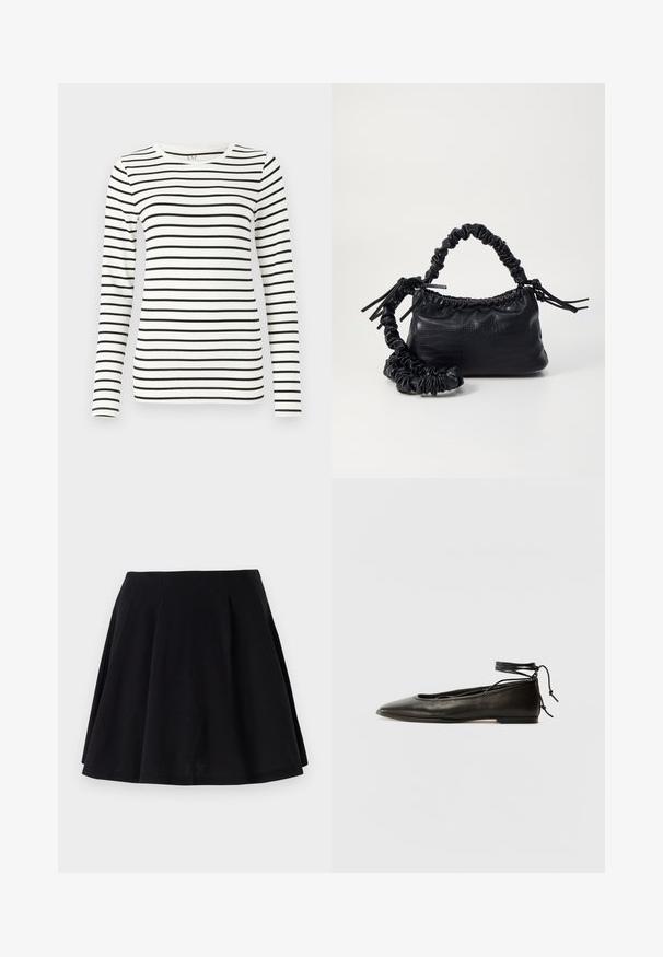 Pikema varrukatega ribaülikond, millel on horisontaalsed mustad ja valged triibud, ümmargune kaelus ning sile puuvillane tekstuur.; Must mustriga mustreerimisega must puuvillane seelik, kus on flared siluett, koos plekkidega vöökoha piirkonnas ja sujuva tekstuuriga. Sobib igapäevaseks kandmiseks.; Must mustast balletijalatsid, millel on terav nina, pahkluu seotud ja lame tall, sujuva tekstuuri ning minimalistlik disain.; Must must sünteetilisest nahast käekott, millel on krokodillimuster, kokku tõmmatav ülaosa ja kortsus rihm. Tundub pehme ja kompaktne disain.