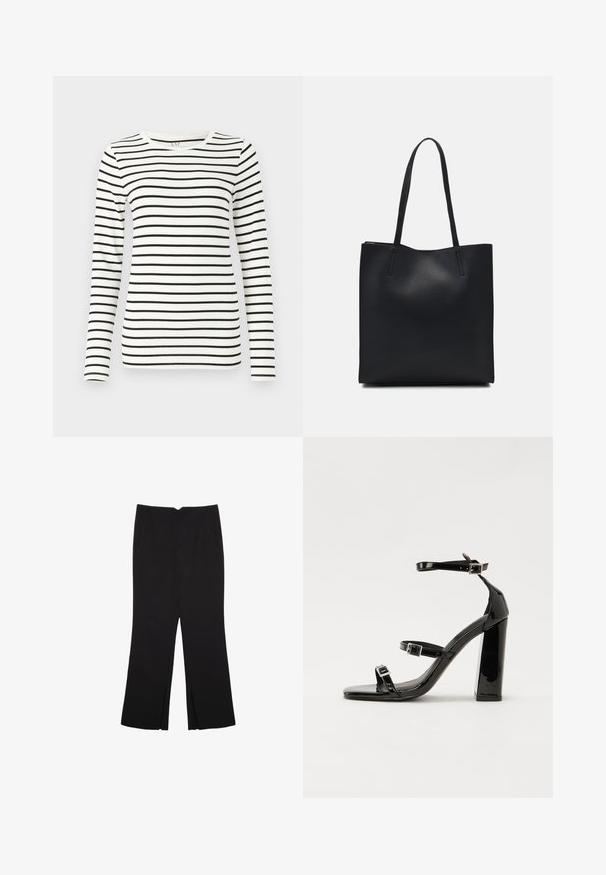 Long-sleeve striped top featuring horizontal black and white stripes, a round neckline, and a smooth cotton fabric texture.; Black trousers with a straight fit, featuring front pockets and side slits at the hem. Made of soft, smooth fabric. Suitable for various occasions.; Black patent high-heeled sandals with two buckle straps, square toe, and a chunky block heel, featuring a smooth, glossy texture.; Black leather tote bag with smooth texture, rectangular shape, and two long handles. No visible hardware or embellishments.