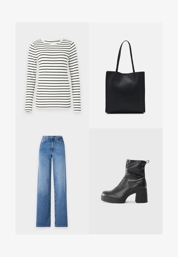 Long-sleeve striped top featuring horizontal black and white stripes, a round neckline, and a smooth cotton fabric texture.; Light blue wide-leg jeans made of denim, featuring a high waist, front pockets, and a standard button closure. Smooth texture.; Black ankle boots made of smooth leather, featuring a side zipper, chunky textured heel, and rounded toe design.; Black leather tote bag with smooth texture, rectangular shape, and two long handles. No visible hardware or embellishments.