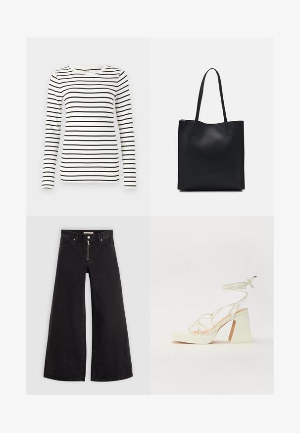 Pitkähihainen raidallinen paita, jossa on vaakasuoria mustia ja valkoisia raitoja, pyöreä pääntie ja sileä puuvillakangas.; Mustat leveälahkeiset farkut, joissa on vetoketjufrunti, viisi-taskuinen muotoilu ja hienovaraiset ompelusyyt. Sileä pinta ja rento tyyli.; Valkoinen korkokenkä, jossa on paksu korko, ja joka sisältää nauhakiinnityksen ja nilkkaketjun. Sujuva pinta, jossa on platform-etupohja lisäkorkeutta varten.; Mustapahkainen kangaskassi, jossa on sileä pinta, suorakaiteen muotoinen ja kaksi pitkää kahvaa. Ei näkyvää metalliosaa tai koristeita.