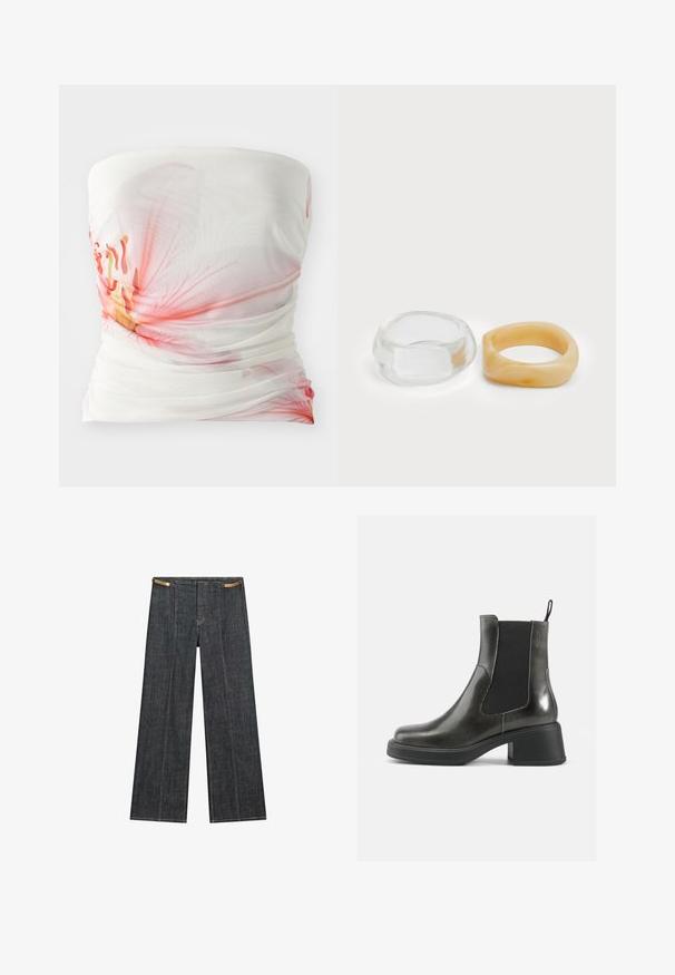Bílý top bez ramínek s růžovým květinovým vzorem, řasenou texturou a měkkým materiálem, který spadá. Obsahuje poloprůhledné vrstvy.; Tmavě modré denimové široké kalhoty s vysokým pasem. Vyznačují se viditelným šitím, zapínáním na knoflík a jedinečným řetízkovým akcentem v pase.; Černé kožené kotníkové boty s hladkým povrchem, elastickými bočními panely a masivním podpatkem. Obsahují poutko pro snadnější nazouvání.; Průhledné a jantarové prsteny z pryskyřice, jeden hladký a transparentní, druhý s texturovaným jantarovým povrchem. Oba mají zaoblené, robustní tvary.