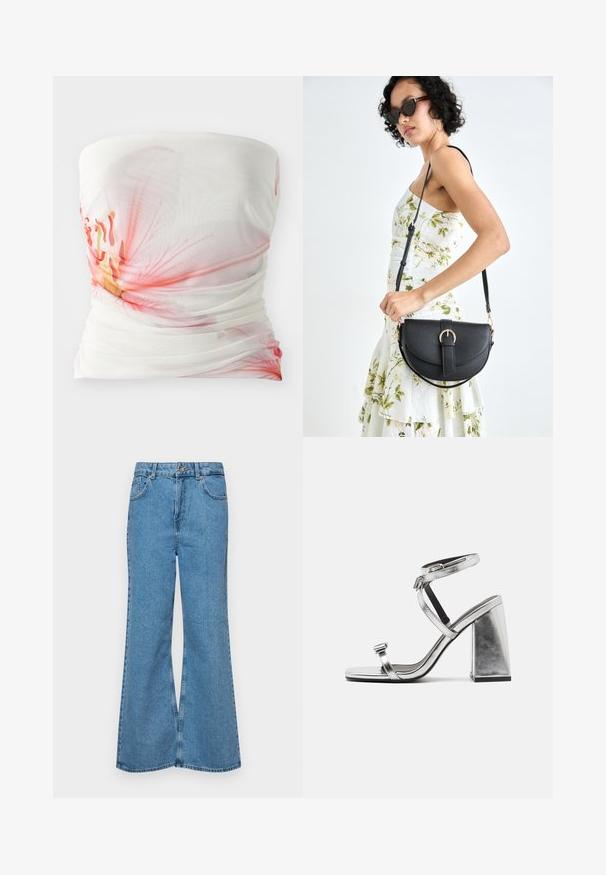 Hvit stroppeløs topp med rosa blomsterdesign, rynket tekstur og myk stoffdrakning. Har semi-gjennomsiktige lag.; Lyseblå vide jeans laget av denim, med høyt liv, fem lommer og en enkelt knappelukking. Myk tekstur med falmet finish.; Metalliske sølv høye hæler med ankelstropper, firkantede blokker og minimalistisk design. Glatt tekstur og slank silhuett.; Svart lærveske med en buet form, avtagbar stropp og gullbeslag. Vesken har et klaff med spenne-detall.
