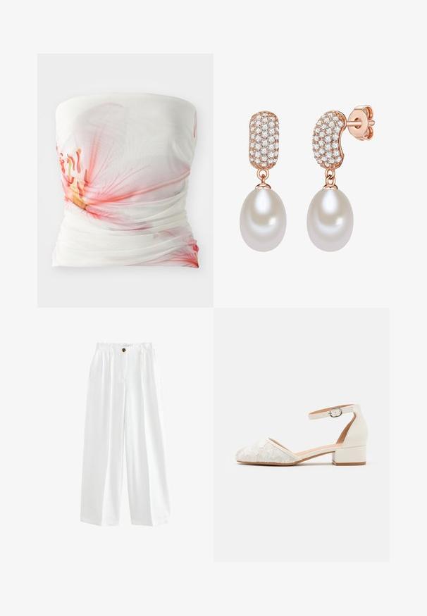 Balts strapless tops ar rozā ziedu rakstu, rūkota tekstūra un mīksta auduma plūsma. Iezīmē puscaurspīdīgus slāņus.; Baltas platais bikses izgatavotas no viegla auduma. Ar pogu aizdari, divām sānu kabatām un brīvu piegriezumu.; Baltas mežģīņu kurpes ar potītes siksniņu, zemu, biezāku papēdi un smailu purngalu. Gluda iekšējā odere, teksturēti mežģīņu augšdaļa un sprādzes detaļa.; Rožu zelta auss gredzeni, kuriem ir teksturēta, dimanta izšūta augšējā daļa, kas turpinās uz gludu, pārmērīgu, baltu pērli.