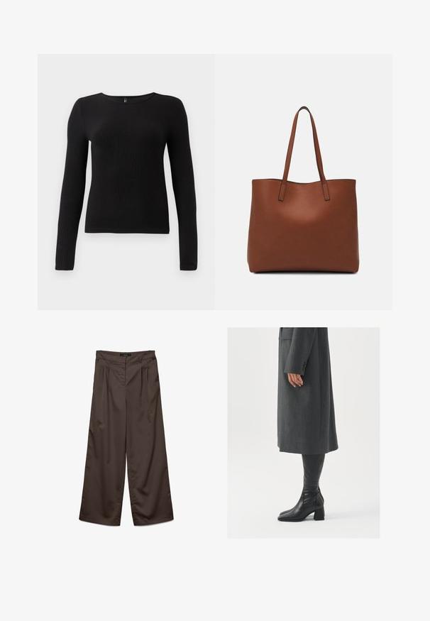 Mustapintainen ribbitekstuuri pitkähihaine paita, jossa on pyöreä kaula-aukko ja vartalonmyötäinen leikkaus. Kangas näyttää pehmeältä ja teksturoidulta, ja siinä on hieno venyvyys.; Laaja lahkeiden housut tummanruskeasta kankaasta, jossa on sileä pinta. Ominaisuuksiin kuuluu laskokset edessä ja tavallinen vyötärö.; Harmaa, muotoiltu pitkätakki suoran leikkauksen kanssa; yhdistetty polven yli yltäviin mustiin nahkasaappaisiin, joissa on neliön muotoinen kärki ja paksu kanta.; Ruskea nahkainen olkalaukku, jossa on sileä pinta, avoin yläosa ja kaksi olkahihnaa. Omaavat vain minimaalisen ompelun eikä näkyvää metalliosaa.