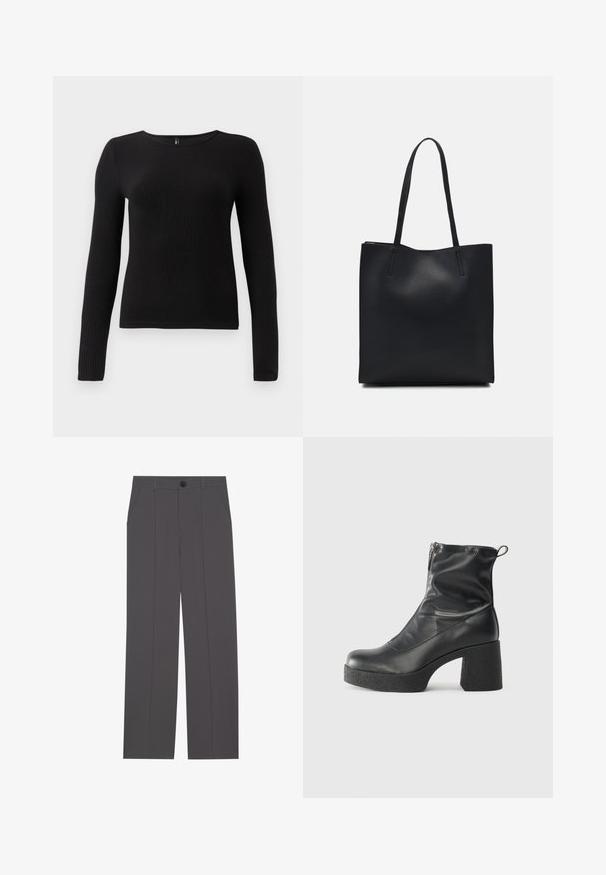 Black ribbed long-sleeve top with a round neckline and fitted silhouette. Fabric appears soft and textured with a subtle stretch.; Grey trousers with a straight leg design, featuring two side pockets and a button closure. Smooth fabric with no visible patterns or accents.; Black ankle boots made of smooth leather, featuring a side zipper, chunky textured heel, and rounded toe design.; Black leather tote bag with smooth texture, rectangular shape, and two long handles. No visible hardware or embellishments.